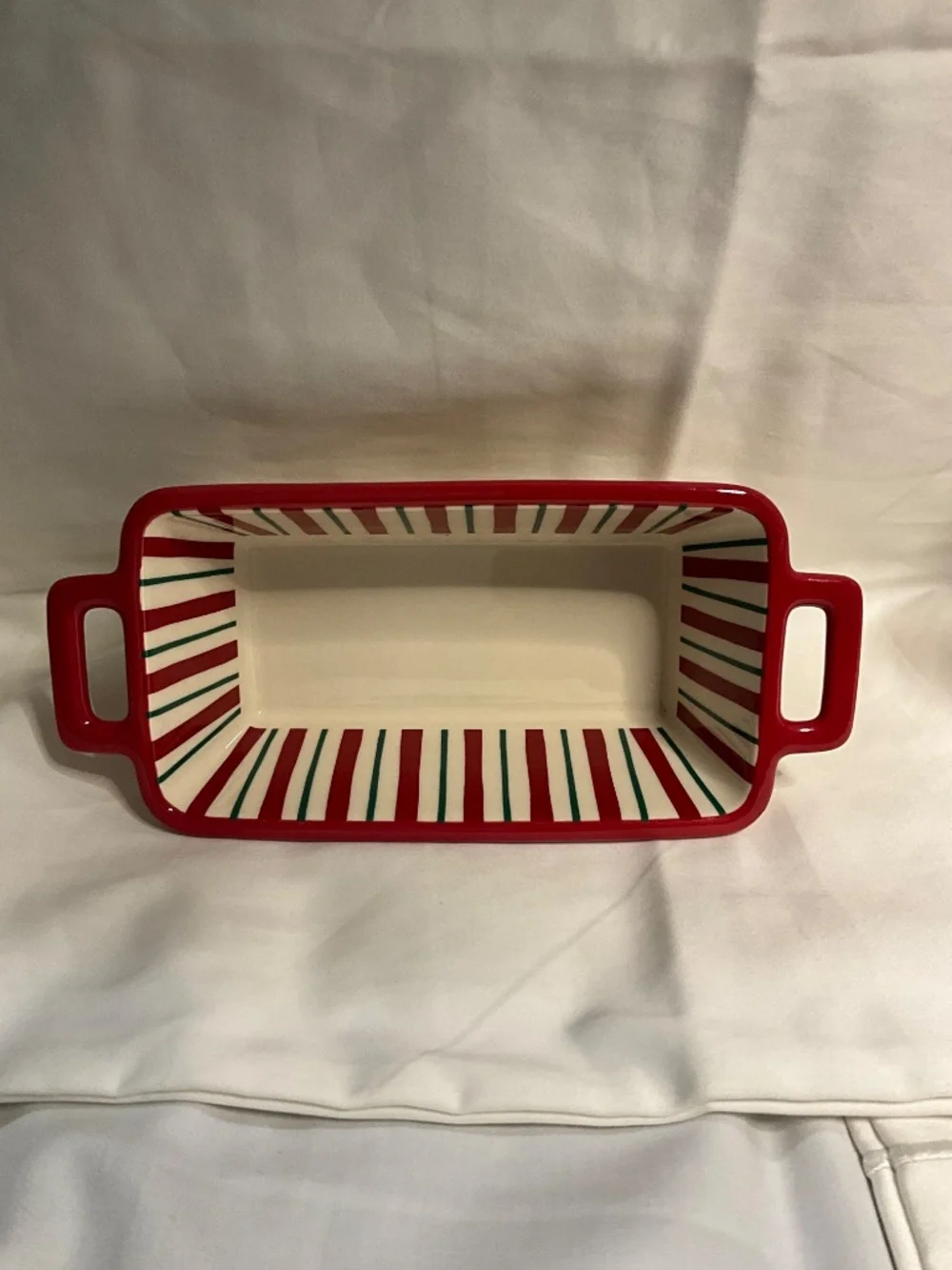 Holiday Time Ceramic Mini Loaf Pan Red and Green Polka Dots And Stripes